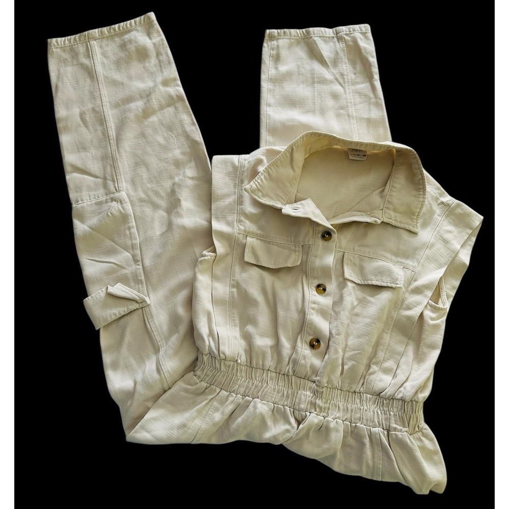 ZARA‎ Utility Cargo Jumpsuit Girls Size 11-12 Ivory Button Front Cotton Casual